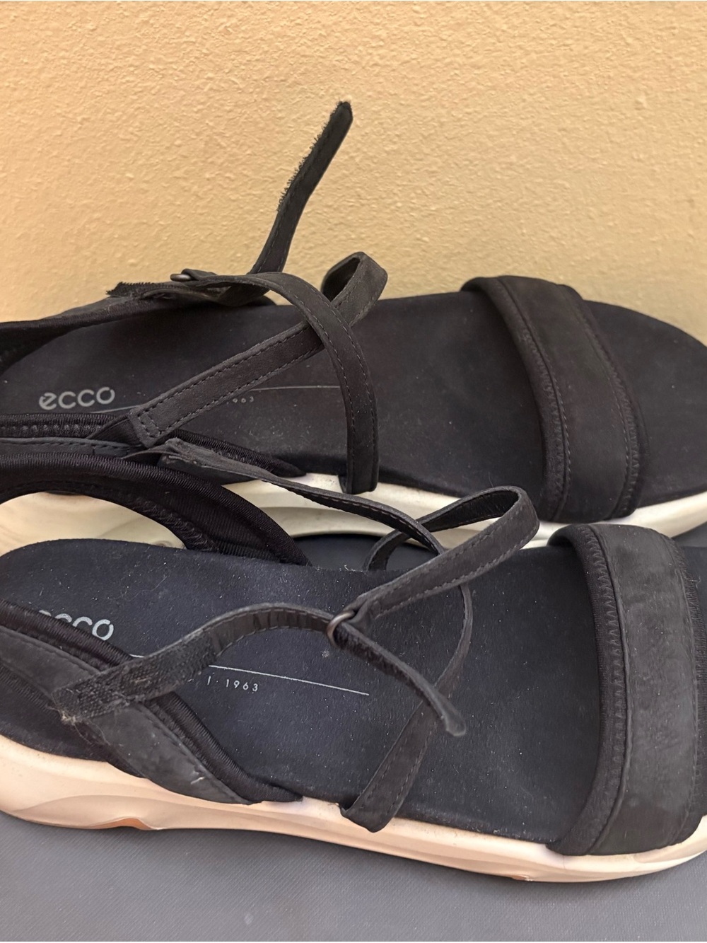 Ecco Black Adjustable Strap Sandals with Cream Sole